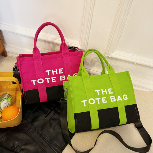 2023 New European and American Fashion Canvas Tote Bag Large Capacity Stitching Letter Shoulder Bag Leisure Shopping Bag