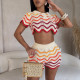 Wave Striped Knit 2 Piece Sets Women Polo-neck Short Sleeve Shirts Crop Tops Elastic Waist Shorts Summer Outfits Suit