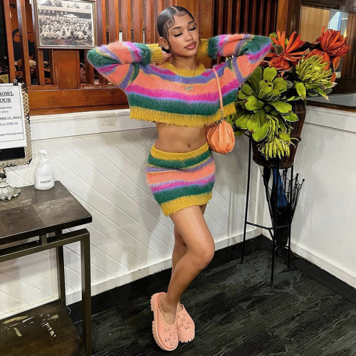 Colorful Striped Knitted Two Piece Set Women Autumn Winter Long Sleeve Pullover Crop Tops Mini Skirts Casual Suits