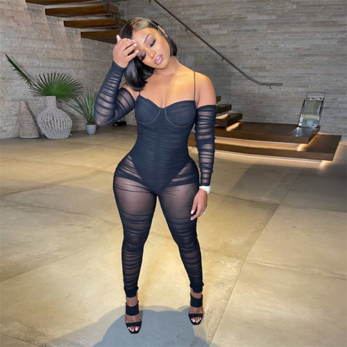 Women Sexy See Through Mesh Pleated Jumpsuit Spaghetti Straps Off Shoulder Long Sleeve Night Club Skinny Overalls