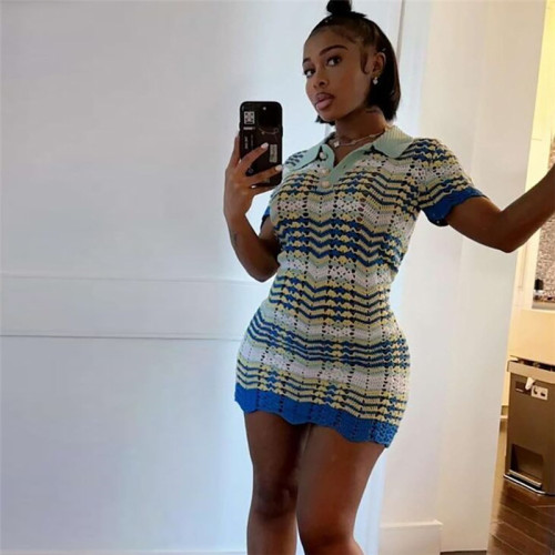 Panelled Knitted Mini Dress Women Fashion Hollow Out Polo-neck Short Sleeve Button Bodycon Summer Beach Vestidos