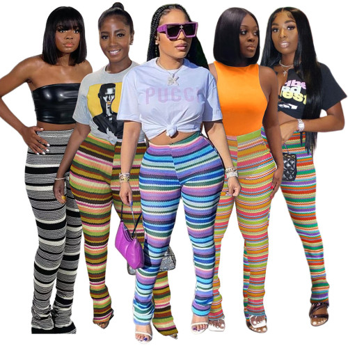 Sexy Knitted Striped Long Flare Pants Autumn Winter Streetwear Women Elastic Waist Bodycon Bottoms Fashion Printed Trousers 2022