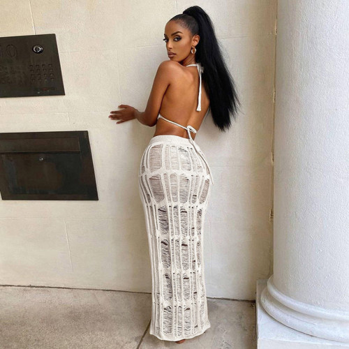 Knitted Sexy Backless Skirt Sets Women Halter Bandage Crop Top Vest and High Split Long Skirts Summer See Through Beach Wear