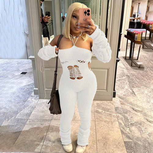 Sexy Halter Backless Knitted Long Jumpsuit Women Off Shoulder One Piece Club Outfit Autumn Winter See Through Long Stacked Pants