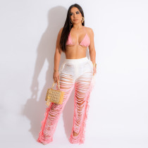 Beach Knitted Tassel Long Pants Sets Summer Sexy Bandage Bra and Gradient Ribbed Wide Leg Pants Women 2 Piece Beachwear Clubwear
