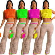 Summer Sexy Knitted Long Pants Sets Women Hollow Out Tank Crop Top and Wide Leg Pants 2 Piece Beach Wear Casual Outfits 2023