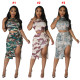 Camoufalge Sexy High Split Skirt Sets Women Short Sleeve O Neck Crop Top and Knee Skirts Summer Casual 2 Piece Outfits Clothes