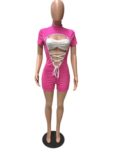 Sexy Bra Hollow Out Playsuit Shorts Summer Short Sleeve Bandage Corset Jumpsuit Women Turtleneck Bodycon Romper Party Clubwear