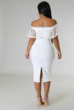 Sexy Ruffled Mesh Off Shoulder Dress Summer Patchwork Slash Neck Beading Long Dresses Women Elegant Party Birthday Clothes 2023