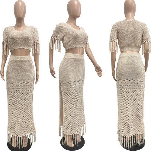 Sexy Tassel Knitted Long Skirt Sets Summer 2 Piece Beach Wear Women Short Sleeve Crop Top and Hollow Out High Split Skirts 2023