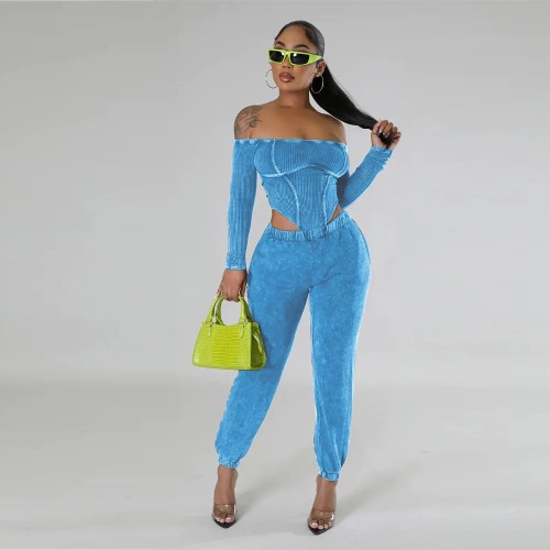 Fashion Women's Set Off Shoulder Long Sleeve Knit Bodysuit and Jogger Pants 2023 Street Two 2 Piece Set Outfit Tracksuit