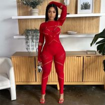 Weird Puss High Waist Women Jumpsuit Rhinestone Embellished Hollow Tight Elastic Sexy Fashion Hot Girl Streetwear Y2K Bodycon