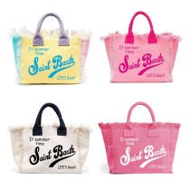 Summer Leisure Vacation Tassel Design Printed Saint Barth Letter Travel Bag Large Capacity Thick Canvas Handbag