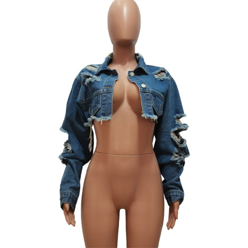 Holes Short Denim Jackets Women Fashion Turn Down Collar Long Sleeve Single Breasted Jeans Coat Casual Crop Tops Streetwear