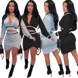 Sexy Club 2 Piece Skirt Sets Womens Outfits Long Sleeve Zip Short Jacket and Mini Skirts Suits Nightclub Matching Sets Co Ord