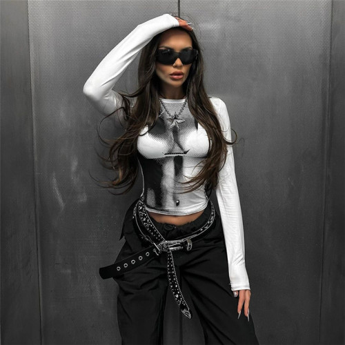 3D Body Print Slim Long Sleeve T-shirts Women Y2K Fashion Streetwear All Matching Crop Tops Clubwear Tees