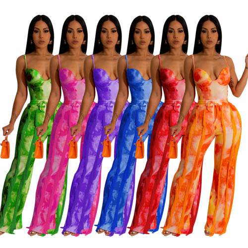 Tie Dye Print Tassel Two Piece Set Women Sexy Padded Spaghetti Straps Bodysuits Top Fringed Loose Flare Pants Wholesale Suits