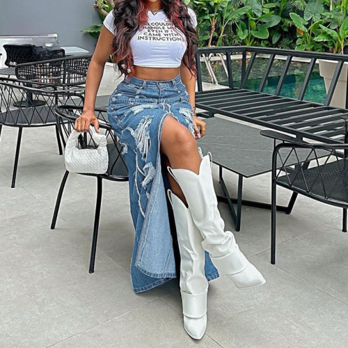 Tassel Hole Denim Maxi Skirts Women High Waist Button Fly Split Ripped Long Jeans Skirt Fashion Casual Streetwear Bottoms