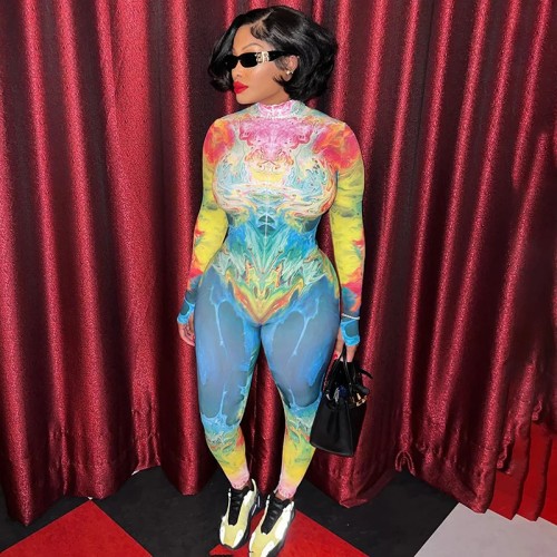 Tie Dye Print Women Jumpsuit Autumn Winter Zipper Turtleneck Long Sleeve Hipster Skinny Casual Overalls Club Streetwear Rompers
