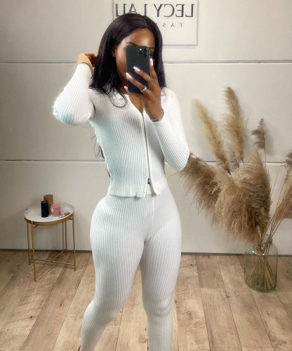 Solid Knit Rib Two Piece Set Women Autumn Winter Tracksuit Turn Down Collar Long Sleeve Zipper Crop Top Leggings Pants Suits