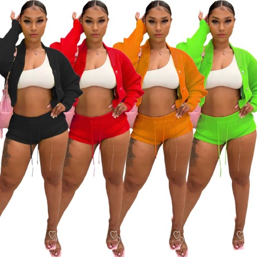 Knitted Lounge Wear Two Piece Sets 2023 Autumn Soild Color Long Sleeve Cardigan Drawstring Shorts Casual Party Club Streetwear