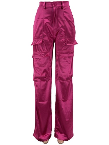 Silky Satin Pockets Cargo Pants Women Streetwear High Waist Button Fly Straight Trousers Fashion Boutique Clothing Wholesale