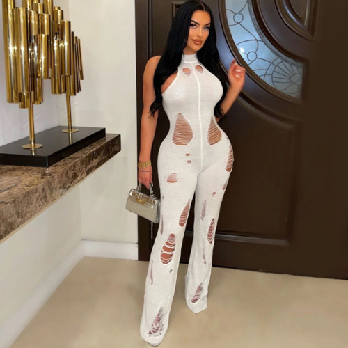 Sleeveless Knitted Hole Jumpsuits Women Sexy Halter Backless Slim Casual Romper Y2K Streetwear Female Stretch Summer Overalls
