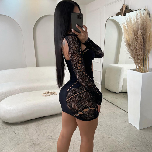 Diamonds Hollow Out Mesh Knitted Bodycon Mini Dress Women Long Sleeve Cape Strapless Backless Clubwear Birthday Party Outfits