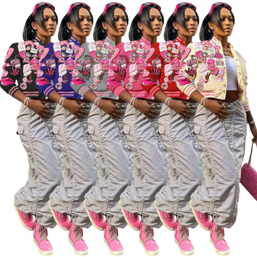 Cartoon Letter Print Wool Baseball Jacket 2024 Spring Women Long Sleeve Single Breasted Short Coat Fashion Casual Streetwear Top