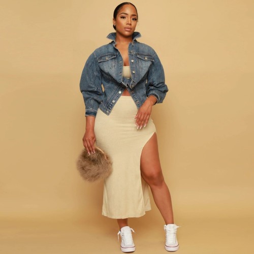 Asymmetrical Jeans Jacket Women Turn Down Collar Pleated Long Sleeve Single Breasted Slim Denim Coat Casual Streetwear