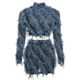 Tassel Mesh Two Piece Set Women Sexy Turtleneck Long Sleeve Crop Top High Waist Bodycon Mini Skirts Fashion Party Clubwear Suit