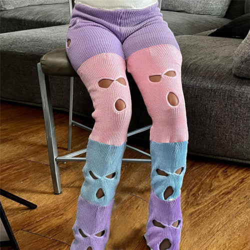 Hollow Out Color Patchwork Knitted Pants Women Elastic High Waist Stretch Sweater Straight Trousers Sexy Clubwear Bottoms
