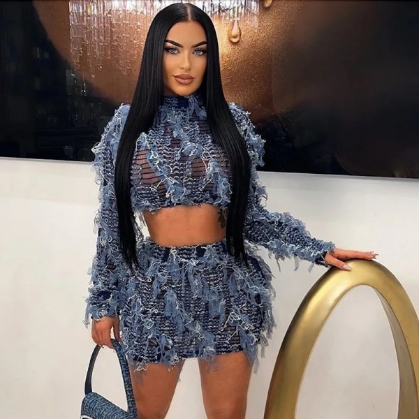 Tassel Mesh Two Piece Set Women Sexy Turtleneck Long Sleeve Crop Top High Waist Bodycon Mini Skirts Fashion Party Clubwear Suit