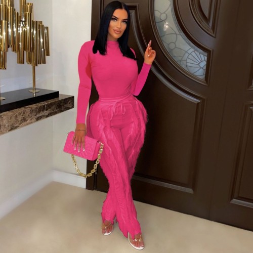 2024 Fall Winter Solid Two Piece Set Women Mock Neck Long Sleeve Bodysuits Tops Tassel Wide Leg Pants Casual Streetwear Suits