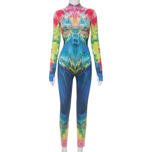 Tie Dye Print Women Jumpsuit Autumn Winter Zipper Turtleneck Long Sleeve Hipster Skinny Casual Overalls Club Streetwear Rompers