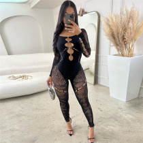Diamonds Hollow Out Knitted Lace Jumpsuits Women Sexy Off Shoulder Long Sleeve High Stretch Club Party Overalls Street Rompers