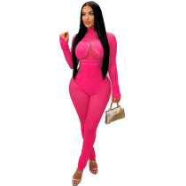 Women 2024 Fashion Mesh See Though Patchwork Beading Cutout Waist Sexy Party Club Jumpsuit One Piece Suit Playsuits