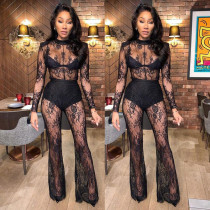Sexy O-neck Knitted Women Bodysuit Black Lace See-through Tight Slim Party Nightclub Bodysuits Women Jumpsuit