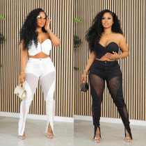 Fashion Women's Set Tunic Crop Top and Flare Slit Hem Mesh Patchwork Pants 2023 Street Two 2 Piece Sets Outfit Tracksuit