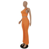 Ladies Solid Color Sleeveless O-neck Skinny T-shirt & Same Bell Bottoms Daily Fashion Sexy Trousers Set