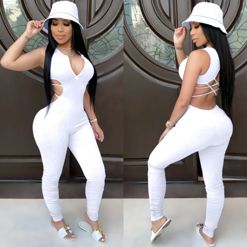 2024 Summer Fashion Sexy Hot Backless Jumpsuit for Women Solid Sleeveless Zipper Straps Pleated Basic Jumpsuit Wholesale