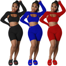 Casual Tacksuit Women 3 Piece Fitness Sporty Outfits Long Sleeve Coat+Backless Tank Crop Top+ Shorts Matching Sets Work Out Wear