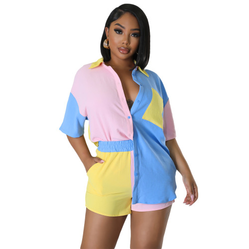 2024 Street Casual Style Women Sets Short Sleeve Lapel Shirt Elastic Pockets Short Pants Lady Printed Lady Two Piece Set