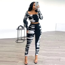Spring Sexy Printed Long Sleeve Women Sets Slim Elastic Top +Strip Pant Sets Streetwear 2 Two Pieces Sets Tracksuits
