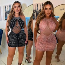 Women Mesh See Though Sequined Halter Lace-up Backless Bodycon Midi Dress Night Club Birthday Party Dresses Pink Outfits