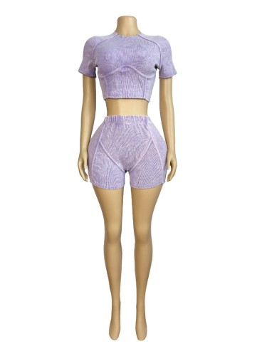 Washed Ribbed Women Summer Two Piece Set Tracksuits O-Neck Short Sleeve Crop Tops + Shorts High Stretch Streetwear Jogging Suits