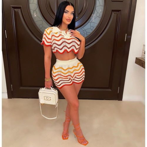Water Ripple Striped Knit Turn Down Collar Crop Top and Shorts Two Piece Set Streetwear Fashion Party Women Outfits