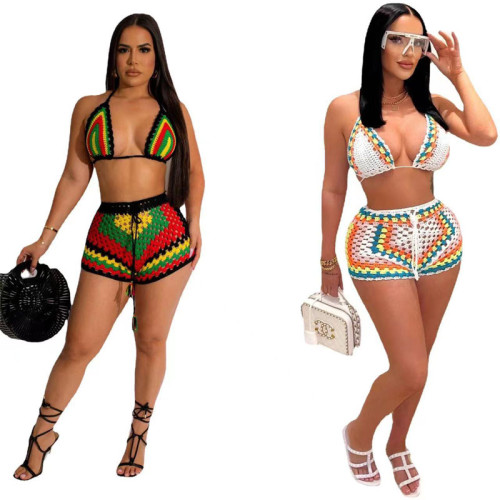 2 Pieces Set Colorful Crochet Knitted Bikini Bra and Shorts Beach Knitting Swimsuit