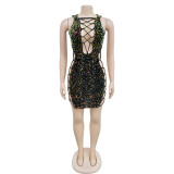 Luxurious Sequin V-neck Lace Up Bandage Mini Dress Women Evening Party Birthday Dress
