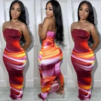 Tie Dye Print Strapless Skinny Long Dress Women Bodycon Sexy Party Evening Dresses Streetwear Vintage Vestidos Summer